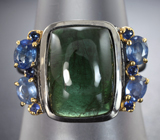 Серебряное кольцо с изумрудно-зеленым турмалином 8,2 карата, васильковыми и синими сапфирами Серебро 925