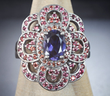 Великолепное серебряное кольцо с иолитом, розовыми и падпараджа сапфирами Серебро 925