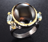 Серебряное кольцо с дымчатым кварцем 24+ карат, голубыми топазами и цитринами Серебро 925