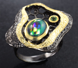 Серебряное кольцо с кристаллическим черным опалом и диопсидами Серебро 925