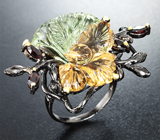 Серебряное кольцо с резными зеленым аметистом, цитрином и альмандинами гранатами Серебро 925