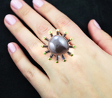 Серебряное кольцо с цветной жемчужиной барокко 28,35 карата и диопсидами Серебро 925