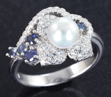 Романтичное серебряное кольцо с жемчужиной и синими сапфирами Серебро 925