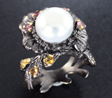 Серебряное кольцо с жемчужиной и розовыми турмалинами Серебро 925