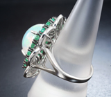 Серебряное кольцо с кристаллическим эфиопским опалом 7,32 карата, изумрудами и сапфирами бриллиантовой огранки Серебро 925
