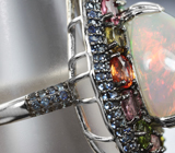 Серебряное кольцо c кристаллическим эфиопским опалом 10,43 карата, цитринами, разноцветными турмалинами и сапфирами Серебро 925