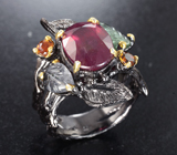 Серебряное кольцо с рубином и разноцветными турмалинами Серебро 925