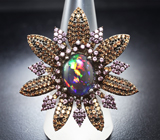 Серебряное кольцо с кристаллическим черным опалом 4,73 карата, розовыми и золотистыми сапфирами бриллиантовой огранки Серебро 925