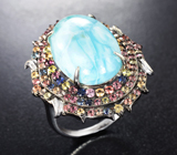 Серебряное кольцо с ларимаром 11,32 карата и разноцветными сапфирами бриллиантовой огранки Серебро 925