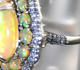 Серебряное кольцо с кристаллическими эфиопскими опалами 9,03 карата и синими сапфирами бриллиантовой огранки Серебро 925