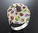 Серебряное кольцо с альмандинами гранатами, перидотами, аметистами и цитринами Серебро 925
