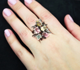 Серебряное кольцо с разноцветными турмалинами и апатитом