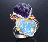 Серебряное кольцо с кристаллическим эфиопским опалом 2,85 карата, аметистом, розовыми турмалинами, диопсидами и цаворитом