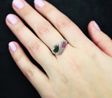Чудесное серебряное кольцо с диопсидом и рубином