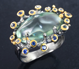 Серебряное кольцо с зеленым аметистом 10,66 карата и синими сапфирами Серебро 925