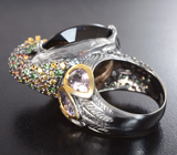 Серебряное кольцо с дымчатым кварцем 24,66 карата, пурпурными шпинелями, диопсидами, цаворитами и разноцветными сапфирами Серебро 925