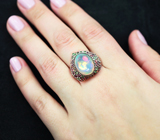 Серебряное кольцо с кристаллическим эфиопским опалом 6,65 карата, разноцветными сапфирами, цаворитами и родолитами