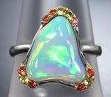 Серебряное кольцо с кристаллическим эфиопским опалом 3,82 карата и разноцветными сапфирами