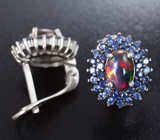 Серебряные серьги с кристаллическими черными опалами и синими сапфирами бриллиантовой огранки