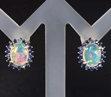 Серебряные серьги с кристаллическими эфиопскими опалами и синими сапфирами бриллиантовой огранки Серебро 925