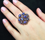 Серебряное кольцо с кристаллическими черными опалами, васильковыми сапфирами и голубыми топазами Серебро 925