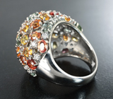 Праздничное крупное серебряное кольцо с разноцветными сапфирами Серебро 925