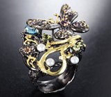 Серебряное кольцо с голубым топазом, жемчугом, перидотами, розовыми турмалинами и аметистами Серебро 925