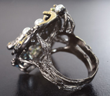 Серебряное кольцо с голубым топазом, жемчугом, перидотами, розовыми турмалинами и аметистами Серебро 925