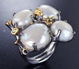 Серебряное кольцо с жемчугом барокко 31,5 карата, перидотами и синими сапфирами