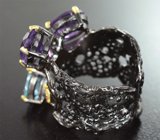 Серебряное кольцо c аметистами, голубым топазом, розовыми турмалинами и родолитом