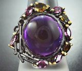 Серебряное кольцо со сливовым аметистом 11+ карат, родолитами и желтыми турмалинами