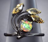 Серебряное кольцо с кристаллическим эфиопским опалом и цитринами