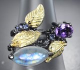 Серебряное кольцо с лунным камнем, аметистом и танзанитами