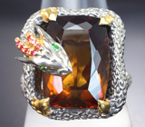 Серебряное кольцо с коньячным цитрином 11,44 карата, цаворитами гранатами и сапфирами Серебро 925