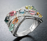 Яркое серебряное кольцо с разноцветными турмалинами и желтыми сапфирами Серебро 925