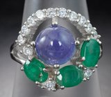 Чудесное серебряное кольцо с танзанитом и изумрудами