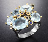 Серебряное кольцо с аквамаринами 9,36 карата и синими сапфирами