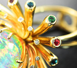 Золотое кольцо с ограненным эфиопским опалом 5,57 карата, гранатами, сапфирами и бриллиантами Золото