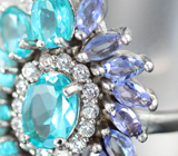 Шикарное серебряное кольцо с голубым апатитами и танзанитами  Серебро 925
