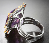 Серебряное кольцо с аметистом лазерной огранки 15,59 карата, родолитами и оранжевыми сапфирами