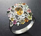 Великолепное серебряное кольцо с цитрином, разноцветными турмалинами и бесцветными топазами Серебро 925