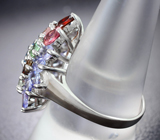 Праздничное серебряное кольцо с голубым топазом, разноцветными турмалинами и танзанитами