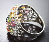 Праздничное серебряное кольцо с разноцветными тумалинами, сапфирами и танзанитами Серебро 925