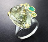 Серебряное кольцо с зеленым аметистом 13,28 карата, хризопразом и перидотами Серебро 925