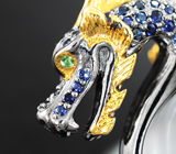 Серебряное кольцо «Дракон» с жемчужиной 12,07 карата, синими сапфирами и цаворитами Серебро 925