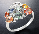 Яркое серебряное кольцо с разноцветными сапфирами Серебро 925