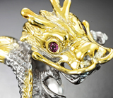 Скульптурное серебряное кольцо «Дракон» с родолитами и аквамарином Серебро 925
