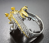 Скульптурное серебряное кольцо «Дракон» с родолитами и аквамарином Серебро 925