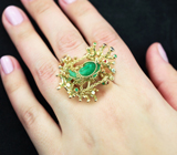 Авторское золотое кольцо с мобильно-закрепленным уникальным резным уральским изумрудом 11,89 карата, самоцветами и бриллиантами Золото