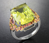 Серебряное кольцо с лимонным цитрином авторской огранки 9,92 карата, розовыми турмалинами и сапфирами Серебро 925